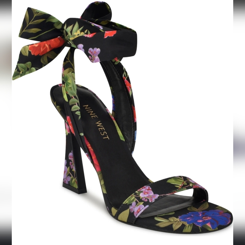 Nine West Black Floral Ankle-Tie Heels